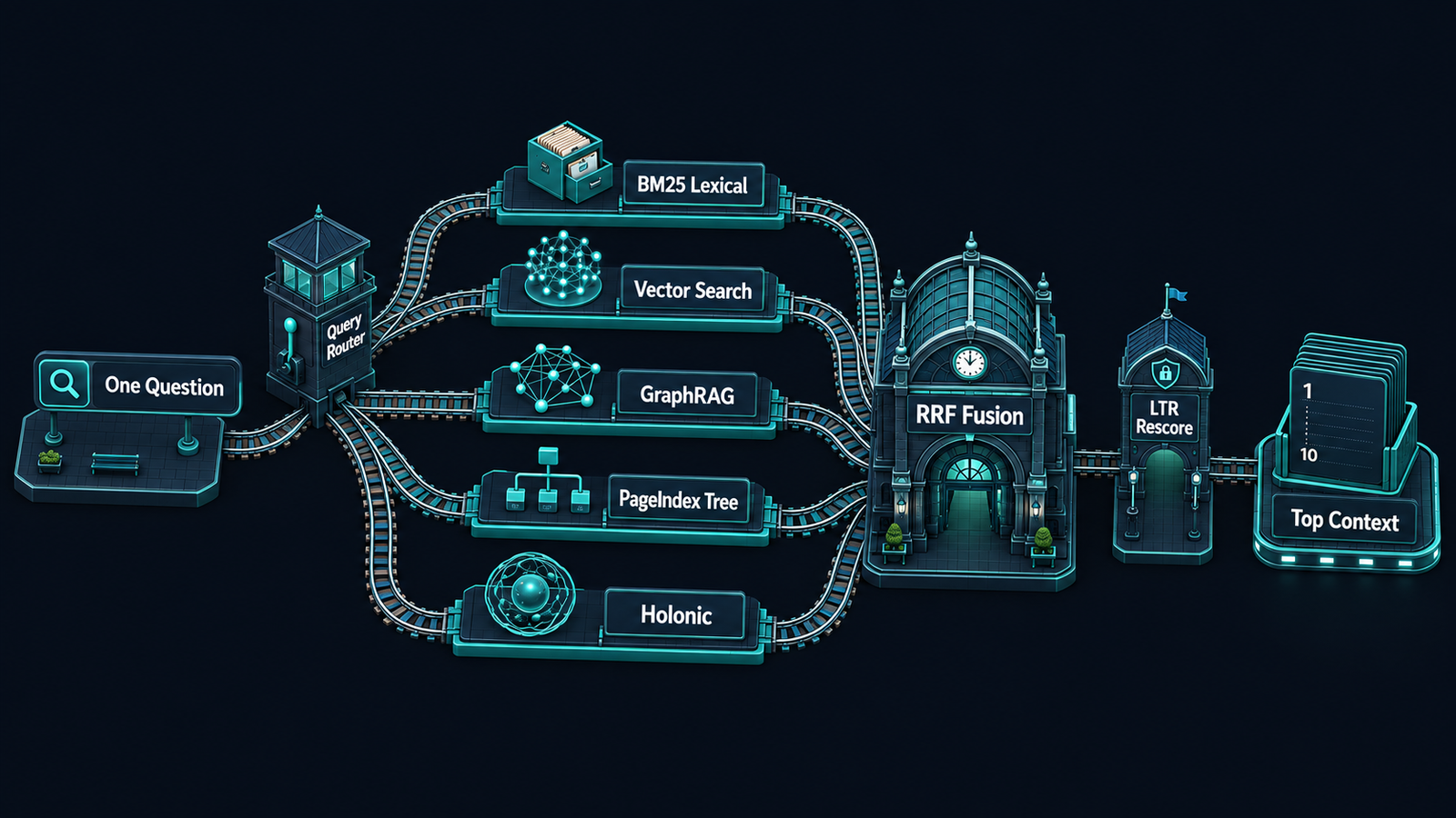Hybrid retrieval lanes: lexical BM25, dense vectors and graph context fused by RRF into one ranked, citation-backed result